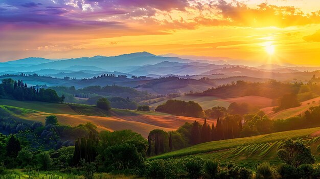 Amazing landscape with green hills and blue sky with clouds