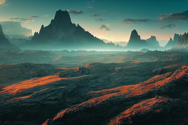 Удивительные пейзажи с видом на горы с золотым часом на рассвете утром 2D Иллюстрация