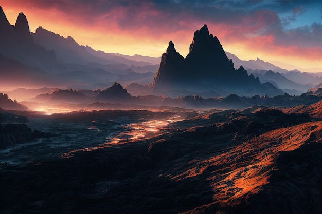 amazing landscapes view of mountain with gold hour on sunrise morning 2d illustration