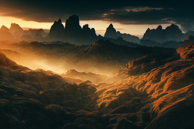 Amazing landscapes view of mountain with gold hour on sunrise morning 2D Illustration