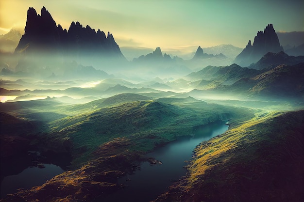 日の出の朝 2 D イラストレーションで金時間と山の素晴らしい風景を見る