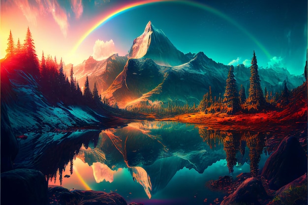 Photo amazing landscapes view of mountain with rainbow on sunrise 2d illustration created with generative ai technology