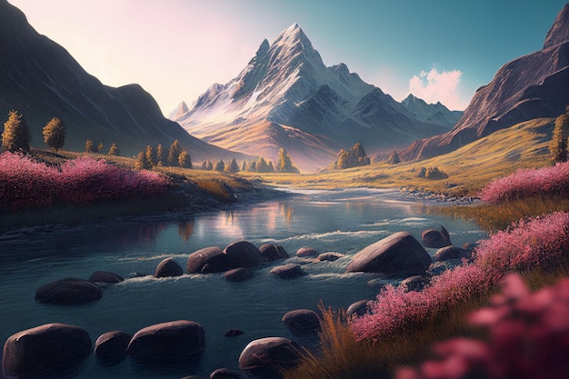 Amazing landscapes view of river and big mountain on sunrise Created with Generative AI technology