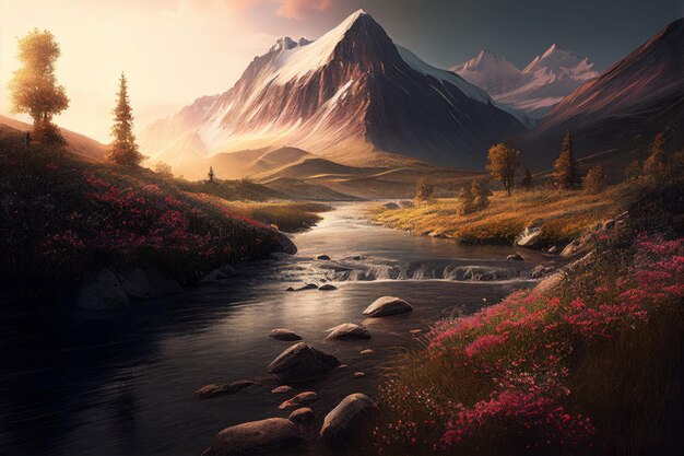 Amazing landscapes view of river and big mountain on sunrise Created with Generative AI technology