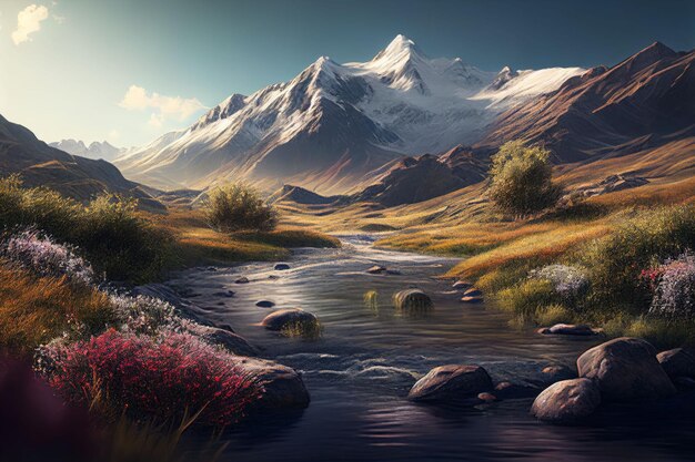 Amazing landscapes view of river and big mountain on sunrise Created with Generative AI technology