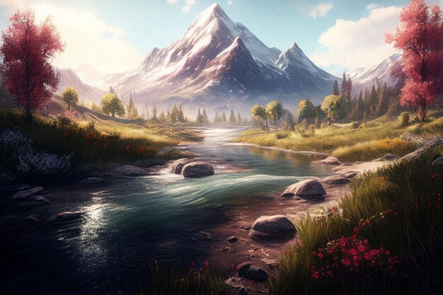 Amazing landscapes view of river and big mountain on sunrise Created with Generative AI technology