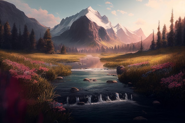 Amazing landscapes view of river and big mountain on sunrise Created with Generative AI technology