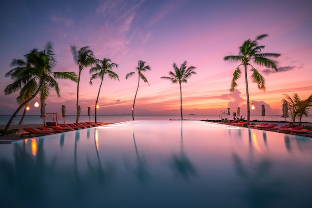Удивительный отдых у бассейна отражение пальмы силуэт пляж закат небо море роскошный отдых
