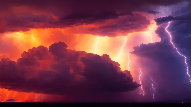 Amazing lightning storm in orange light and dark clouds in the sky Weather background banner