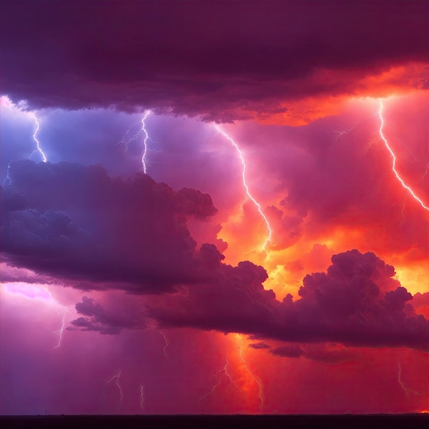 Amazing lightning storm in orange light and dark clouds in the sky Weather background banner
