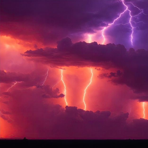 Amazing lightning storm in orange light and dark clouds in the sky Weather background banner