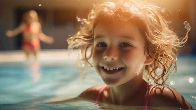 Amazing Little Girl Swimming with Noodle in Indoor Pool