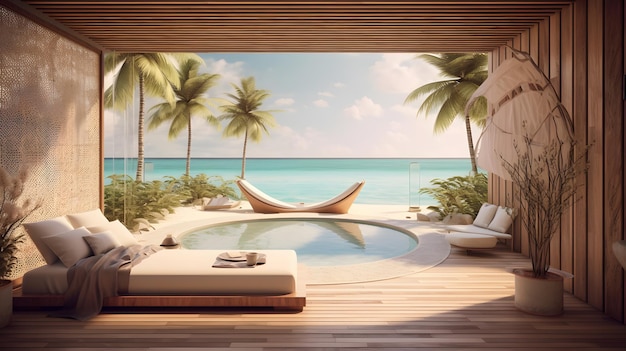 Amazing luxury beach resort relaxing room by the pool view of the sea