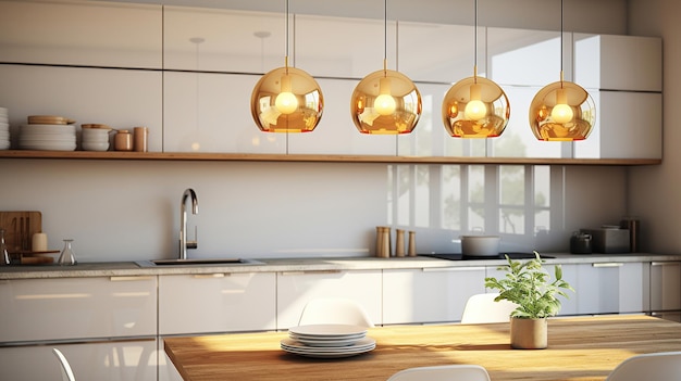 An amazing luxury kitchen interior in white features a wooden floor and a kitchen island