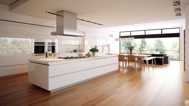 木製の床とキッチンを備えた白の驚くべき高級キッチン インテリア生成 AI