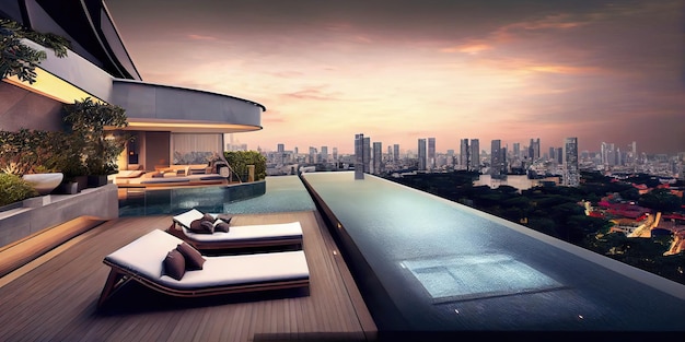 Amazing luxury penthouse with pool overlooking Singapore skyline generative ai