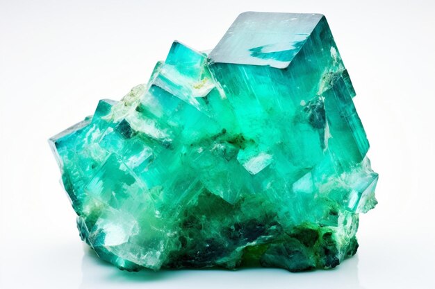 Фото Удивительный макрофотография зелено-синего редкого образца минерала флюорита, изолированного на белом генеративный ии