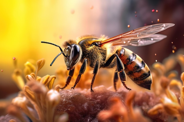 amazing macro photography of a bee on blurred background