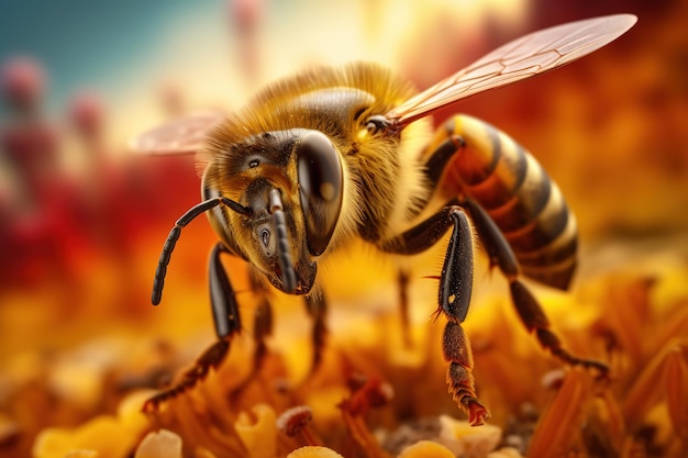 흐린 배경에 꿀벌의 놀라운 매크로 사진