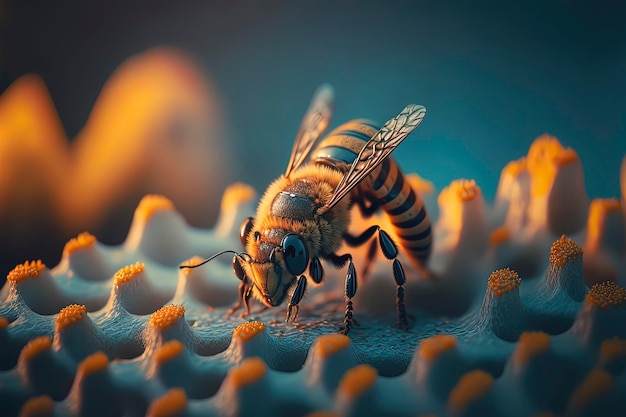 Amazing macro photography of a bee on honeycomb Generated by AI