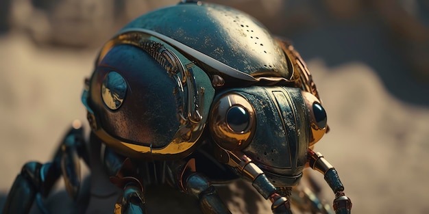 Amazing macro photography of a cyborg scarab in the nature futuristic robot implants