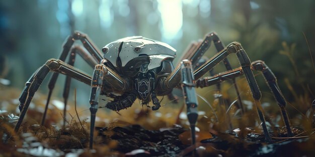 Amazing macro photography of a cyborg spider in the nature futuristic robot implants