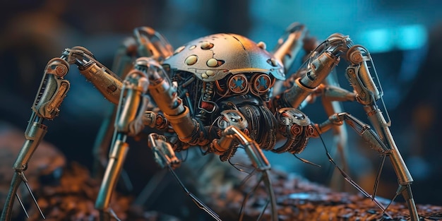 Amazing macro photography of a cyborg spider in the nature futuristic robot implants