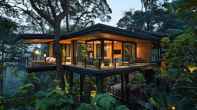Amazing modern treehouse with floortoceiling glass windows surrounded by lush green jungle foliage
