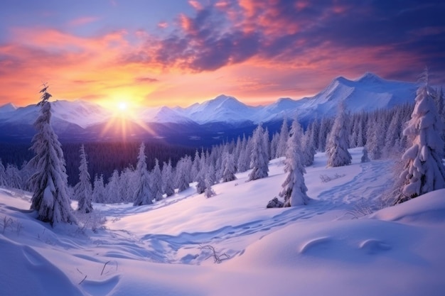 Удивительный утренний зимний пейзаж с горами Генеративная иллюстрация AI