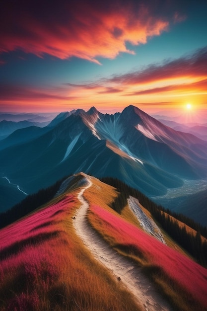 amazing mountain landscape with colorful vivid sunset on the sky ai generative