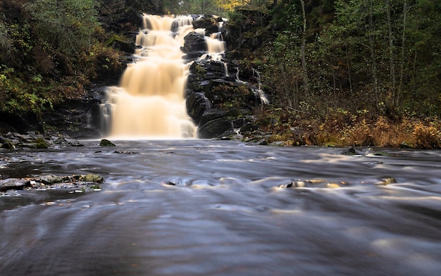 Amazing mountain waterfall landscape Autumn forest and waterfall background