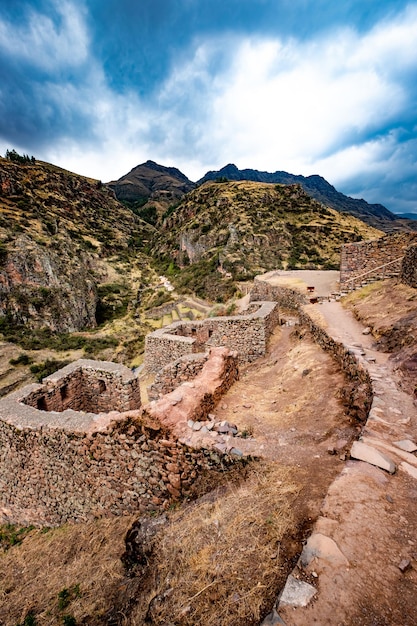 Amazing mountanious pisac lsndscape with stony constructions in peru