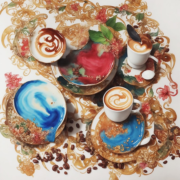 amazing multicolor mysterious paradise coffee bean cup colorful paint on paper HD watercolor image