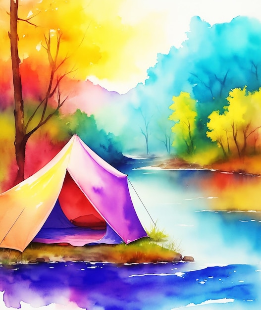 Amazing multicolor mysterious paradise river side tent colorful paint on paper hd watercolor image