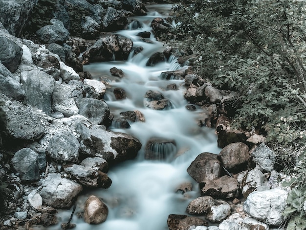 Amazing natural landscape in the green forest limpid stream in the heart of europe in slovenia in pericnik park in a shot taken with long exposure