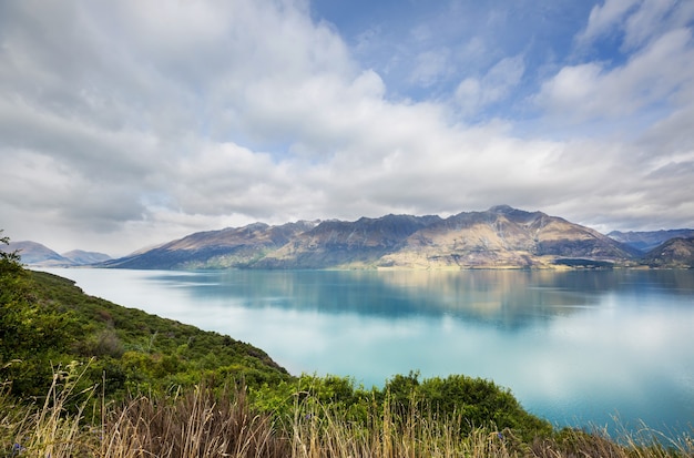 Amazing natural landscapes in New Zealand. Mountains lake at sunset.