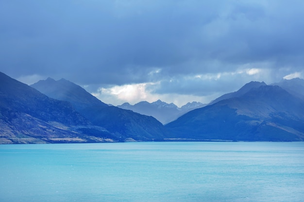 Amazing natural landscapes in New Zealand. Mountains lake at sunset.