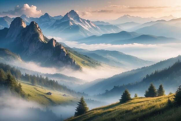Amazing nature scenery mountains under morning mist
