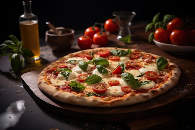 木の板に乗った素晴らしいナポリ風ピザと食材の食べ物の写真