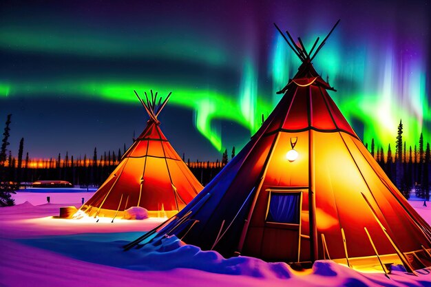 Amazing northern lights dancing over the tepees at aurora village in yellowknife digital art