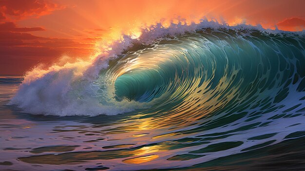 Amazing ocean sunset wave massive realistic wallpaper AI Generated art