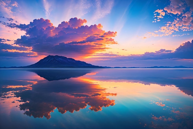 写真 夕暮れの山と雲の見事な海