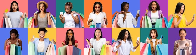 Photo amazing offer excited surprised women holding shopping bags and credit cards