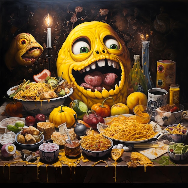 Amazing painting art of a clown with a large face with food cartoon compositions Generative AI