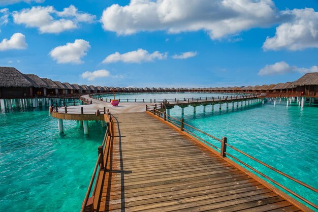 Amazing panorama at Maldives Luxury resort villas pier path seascape with tropical island coast