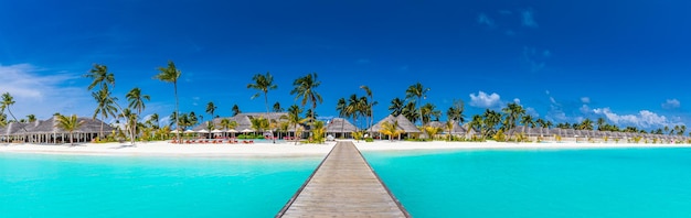 Amazing panorama at Maldives Luxury resort villas pier seascape palm trees white sand and blue sky
