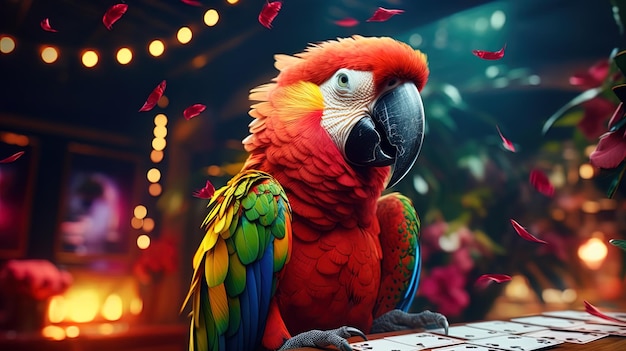 Amazing parrot which masterfully performs illusions with cards high quality illustration