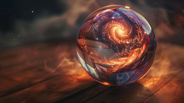 Amazing photo of a glass ball with a beautiful orange and yellow galaxy inside it The ball is sitting on a wooden table with a dark background