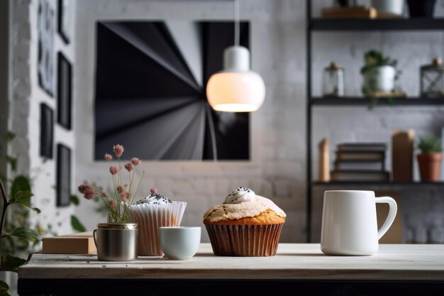 Amazing photo of gorgeous bakery and cakes in nordic style cafe background