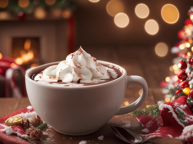 An amazing photo of gourmet hot cocoa in a beautiful Christmas mug hot chocolate on the christmas
